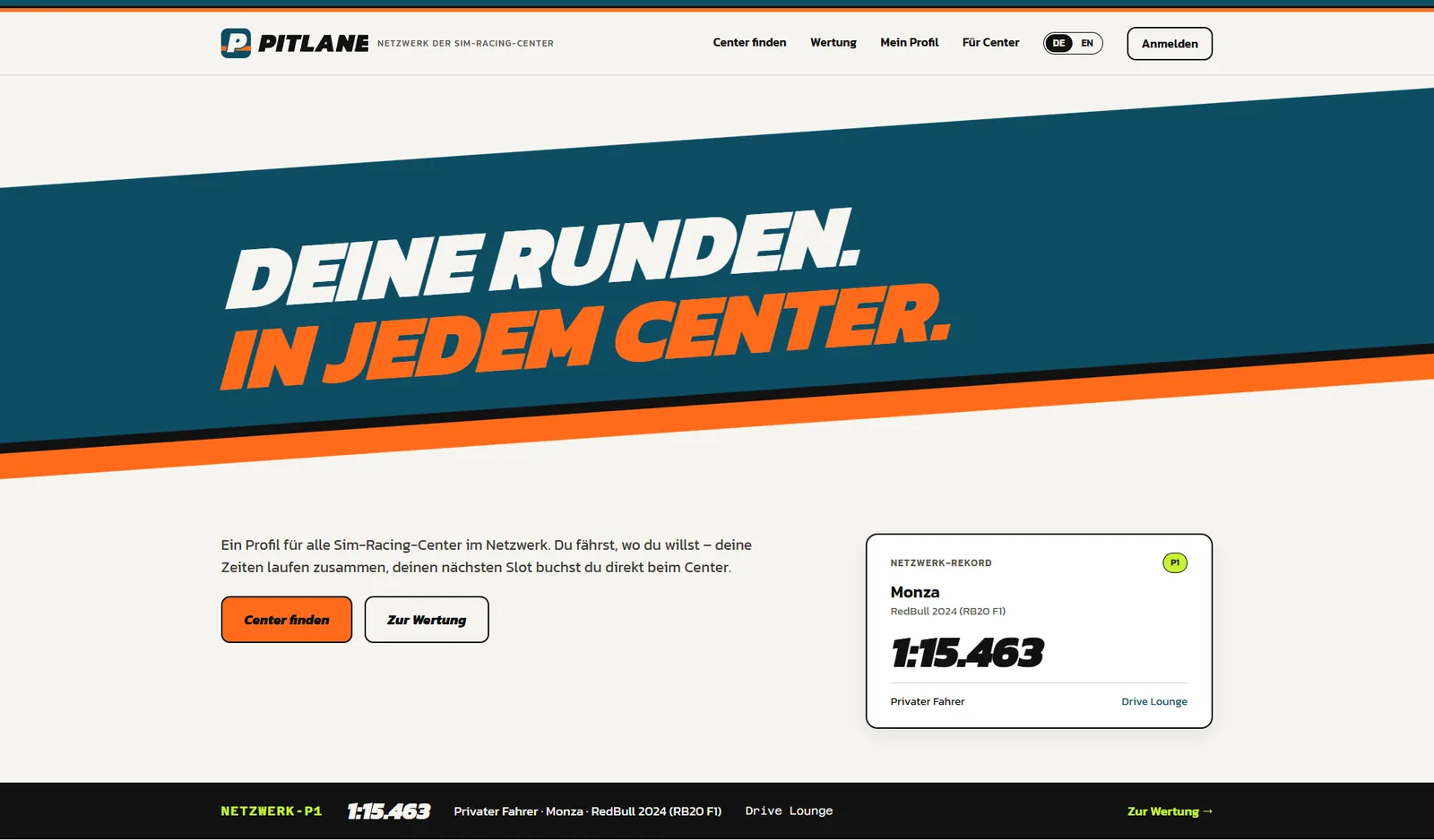 Pitlane-Startseite: Deine Runden in jedem Center, mit aktuellem Netzwerk-Rekord